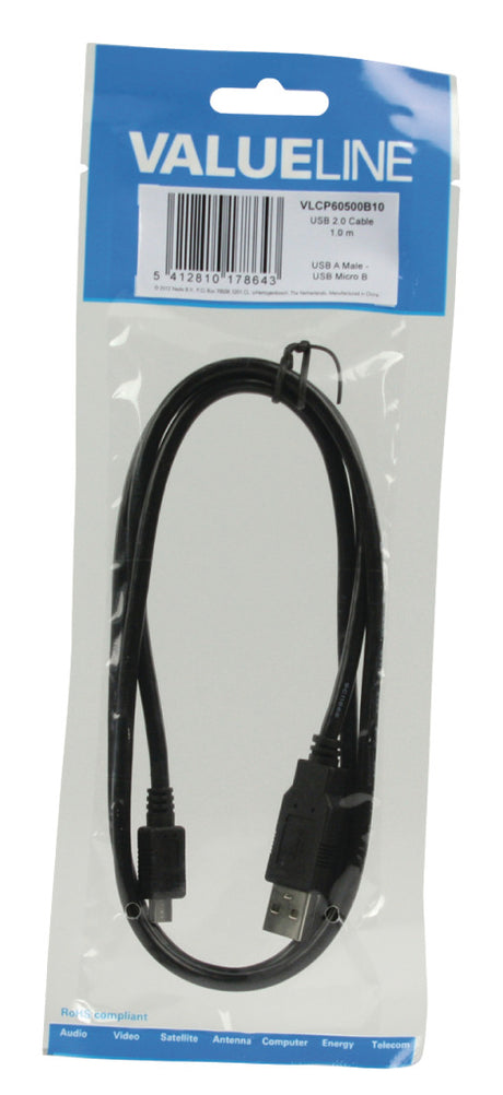 Valueline vlcp60500b10 USB 2.0 USB-A-Stecker – USB-Micro-B-Stecker-Kabel, 1,00 m, Schwarz