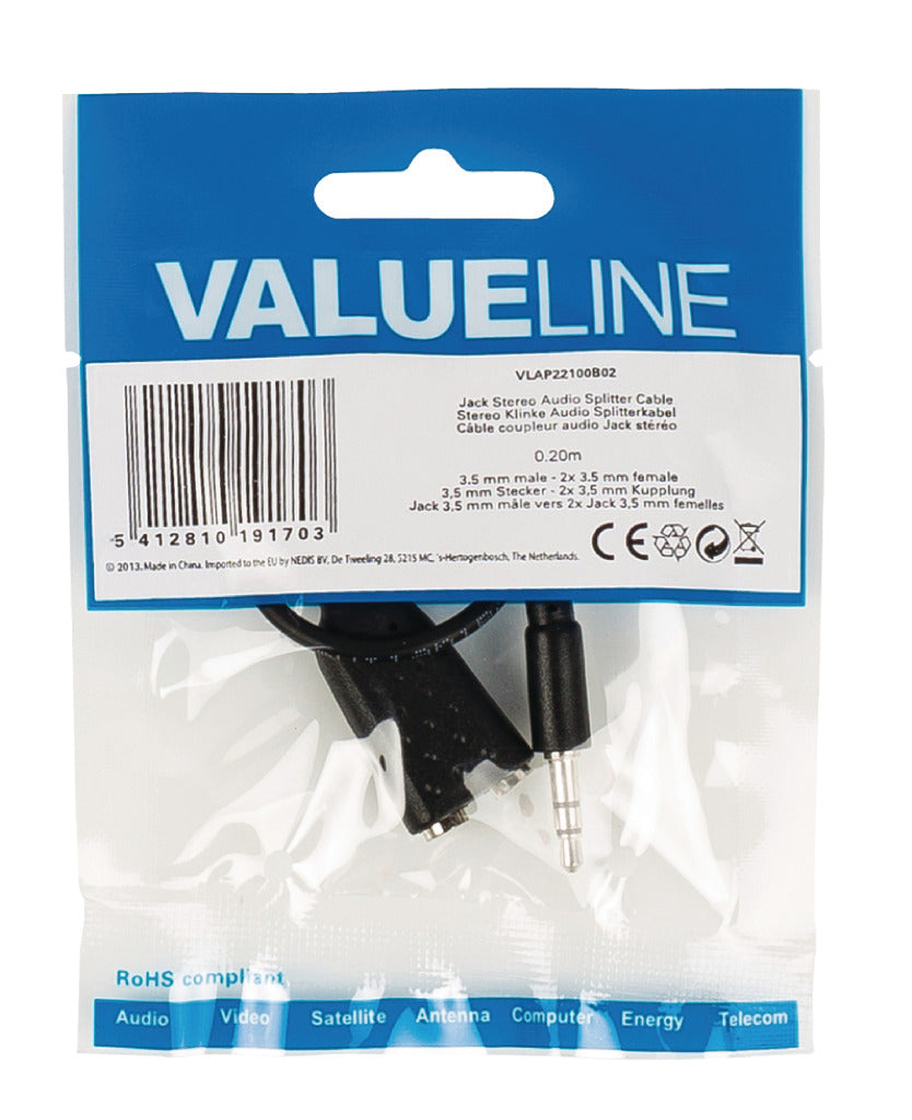 Valueline vlap22100b02 Klinken-Stereo-Audio-Verteilerkabel 3,5 mm Stecker – 2 x 3,5 mm Buchse 0,20 m schwarz