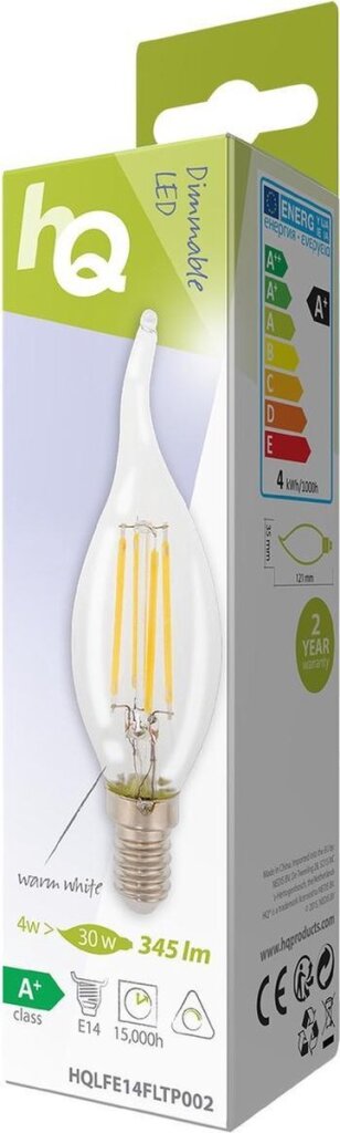 HQ LFE14FLTP002 LED-Retro-Glühlampe, E14, dimmbar, gebogen, Kerze, 4 W, 345 lm, 2700 K