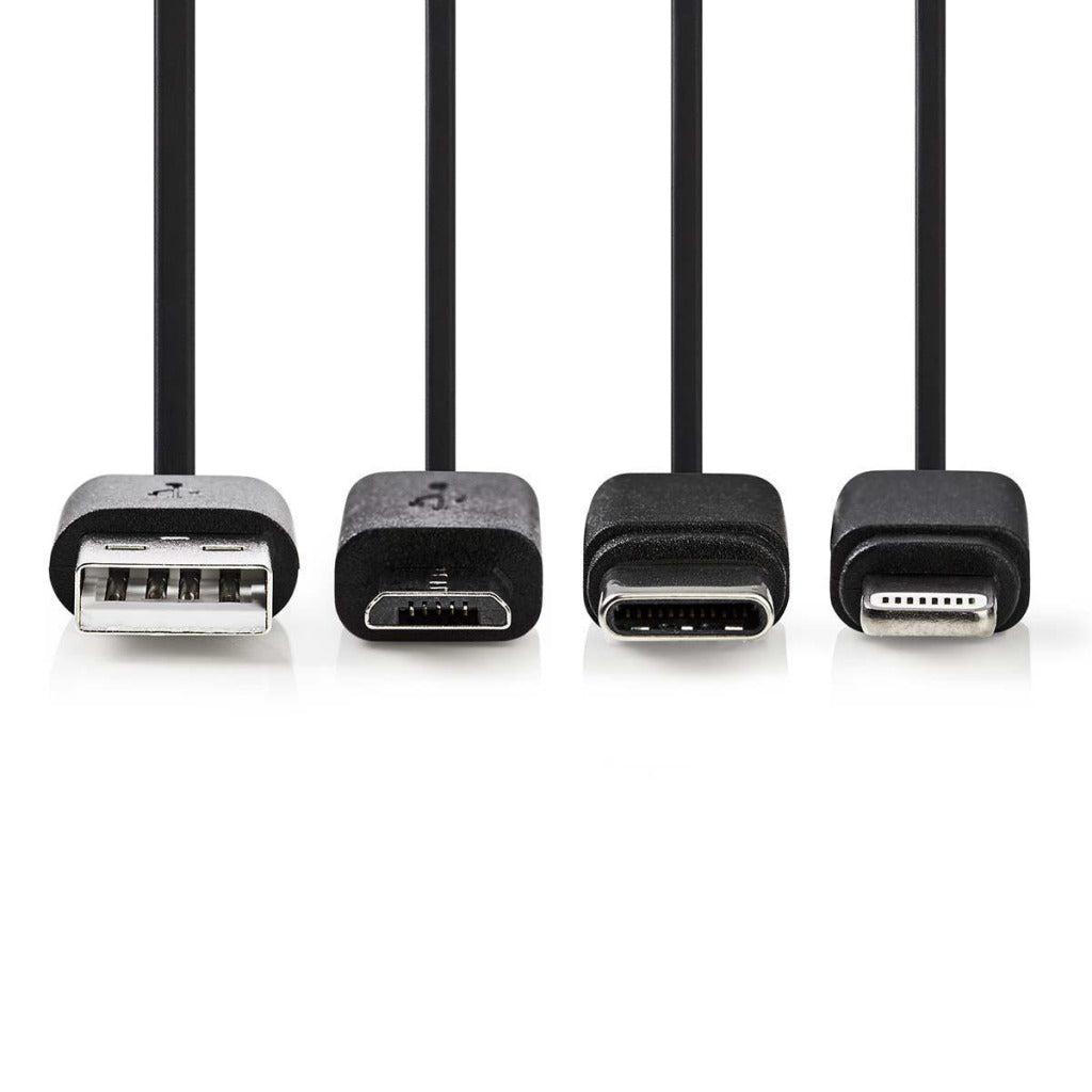 Nedis CCGP60620BK10 3-in-1-Synchronisierungs- und Ladekabel, USB-A-Stecker – Micro-B-Stecker, Typ-C-Stecker, Apple Lightning 8-Pin-Stecker, 1,0 m, Schwarz