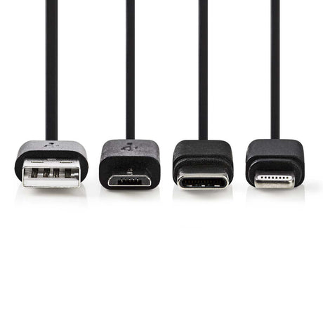 Nedis CCGP60620BK10 3-in-1-Synchronisierungs- und Ladekabel, USB-A-Stecker – Micro-B-Stecker, Typ-C-Stecker, Apple Lightning 8-Pin-Stecker, 1,0 m, Schwarz