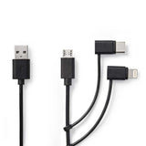 Nedis CCGP60620BK10 3-in-1-Synchronisierungs- und Ladekabel, USB-A-Stecker – Micro-B-Stecker, Typ-C-Stecker, Apple Lightning 8-Pin-Stecker, 1,0 m, Schwarz