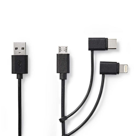 Nedis CCGP60620BK10 3-in-1-Synchronisierungs- und Ladekabel, USB-A-Stecker – Micro-B-Stecker, Typ-C-Stecker, Apple Lightning 8-Pin-Stecker, 1,0 m, Schwarz