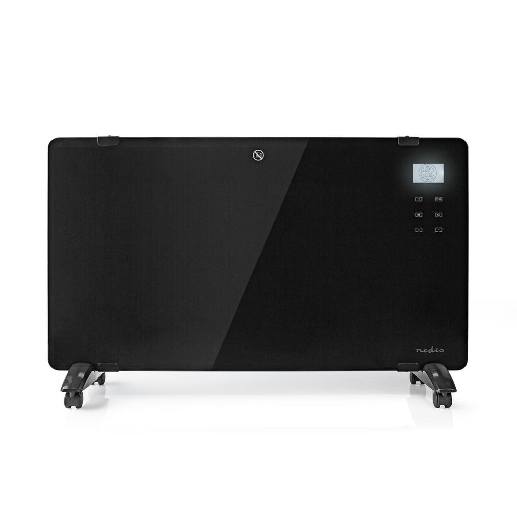 Nedis HTPL20FBK Glasplatten-Konvektorheizung, Thermostat, LCD-Bildschirm, 2 Heizstufen, stehend, Wandmontage, 2000 W, Schwarz