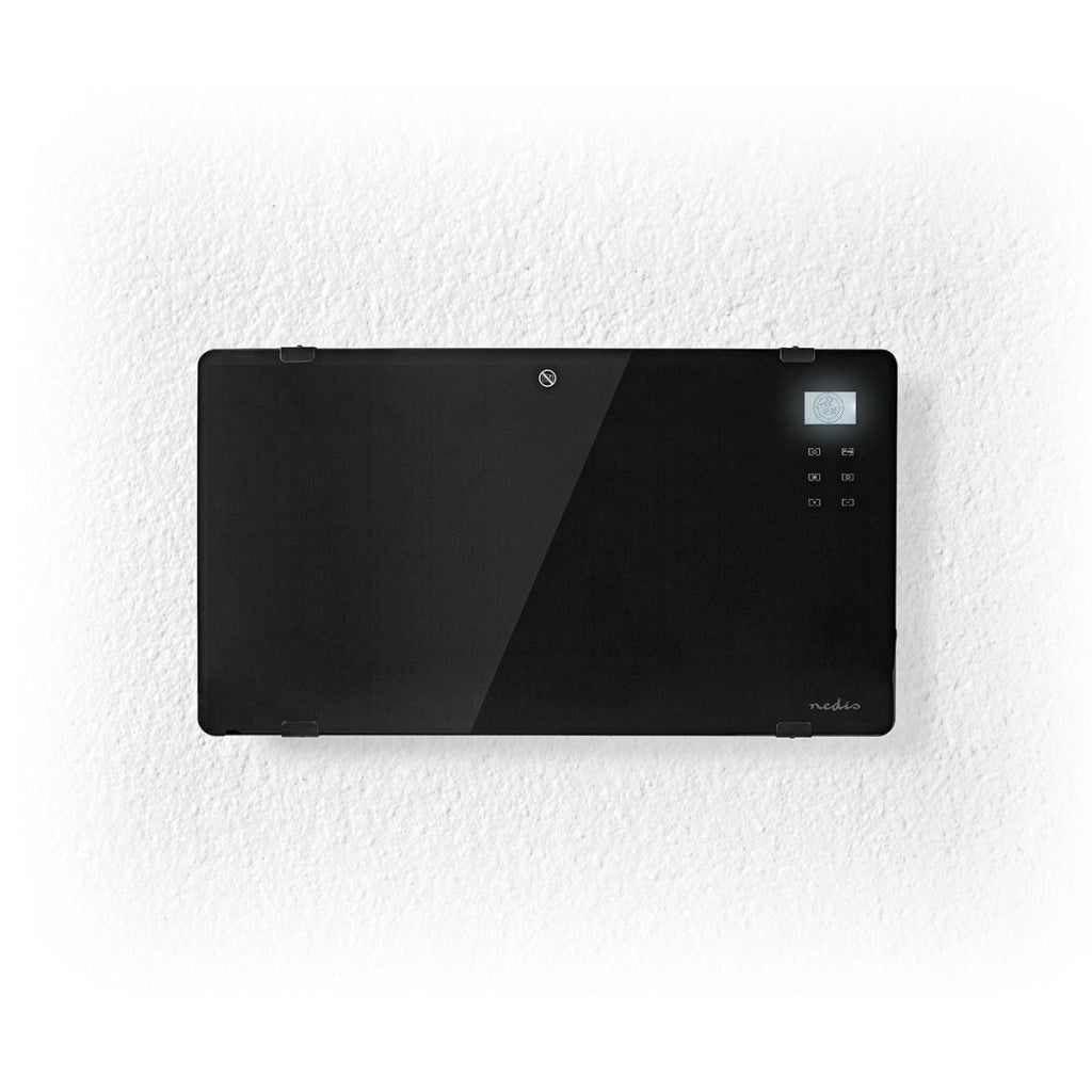 Nedis HTPL20FBK Glasplatten-Konvektorheizung, Thermostat, LCD-Bildschirm, 2 Heizstufen, stehend, Wandmontage, 2000 W, Schwarz