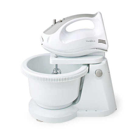 Nedis kahm110cwt Handmixer 200 W, 5-Gang-Turbofunktion, rotierende Schüssel, 2 Knethaken, 2 Rührbesen, grauweiß