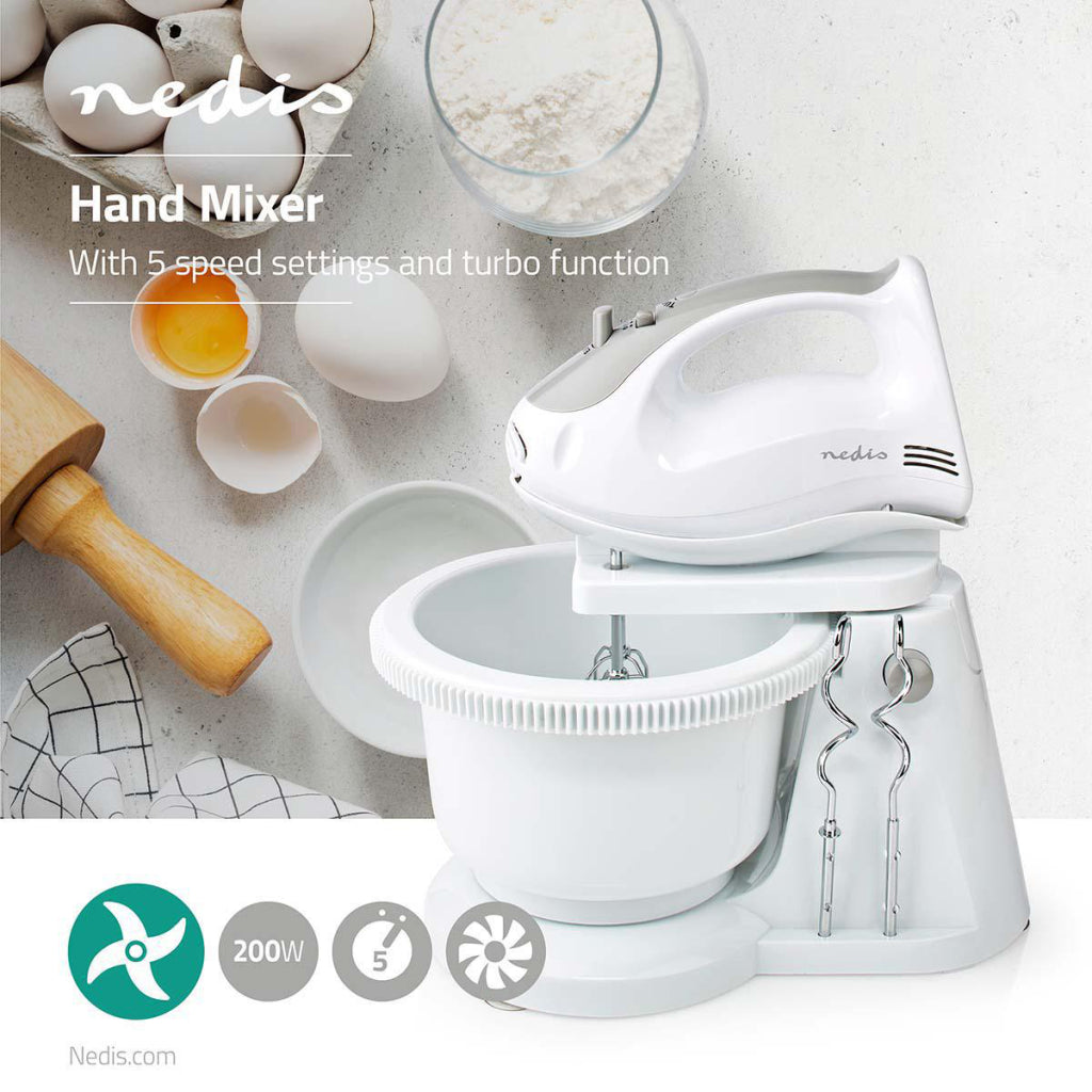 Nedis kahm110cwt Handmixer 200 W, 5-Gang-Turbofunktion, rotierende Schüssel, 2 Knethaken, 2 Rührbesen, grauweiß
