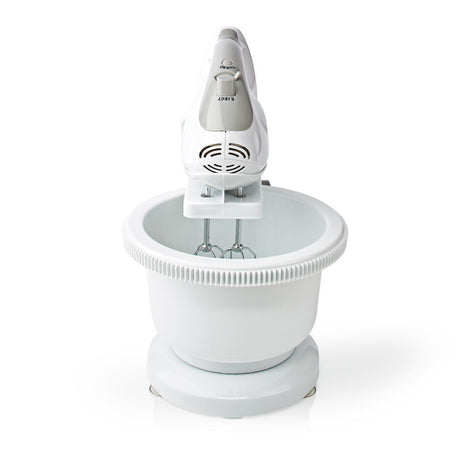 Nedis kahm110cwt Handmixer 200 W, 5-Gang-Turbofunktion, rotierende Schüssel, 2 Knethaken, 2 Rührbesen, grauweiß