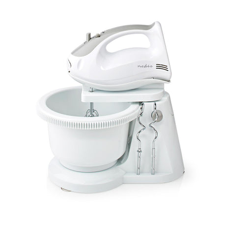Nedis kahm110cwt Handmixer 200 W, 5-Gang-Turbofunktion, rotierende Schüssel, 2 Knethaken, 2 Rührbesen, grauweiß