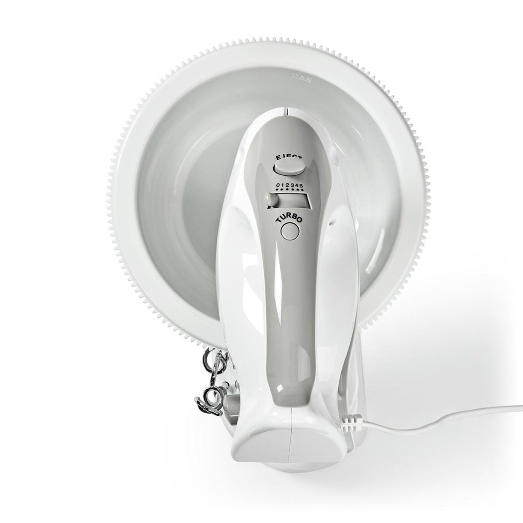 Nedis kahm110cwt Handmixer 200 W, 5-Gang-Turbofunktion, rotierende Schüssel, 2 Knethaken, 2 Rührbesen, grauweiß