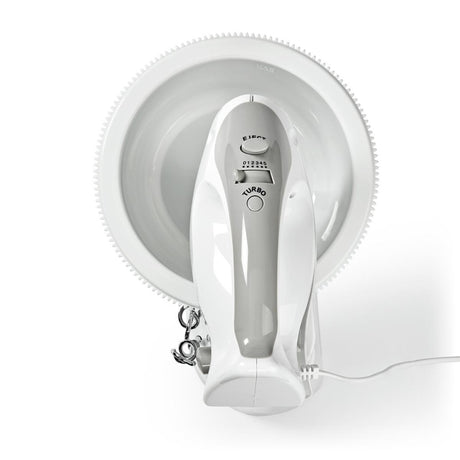 Nedis kahm110cwt Handmixer 200 W, 5-Gang-Turbofunktion, rotierende Schüssel, 2 Knethaken, 2 Rührbesen, grauweiß