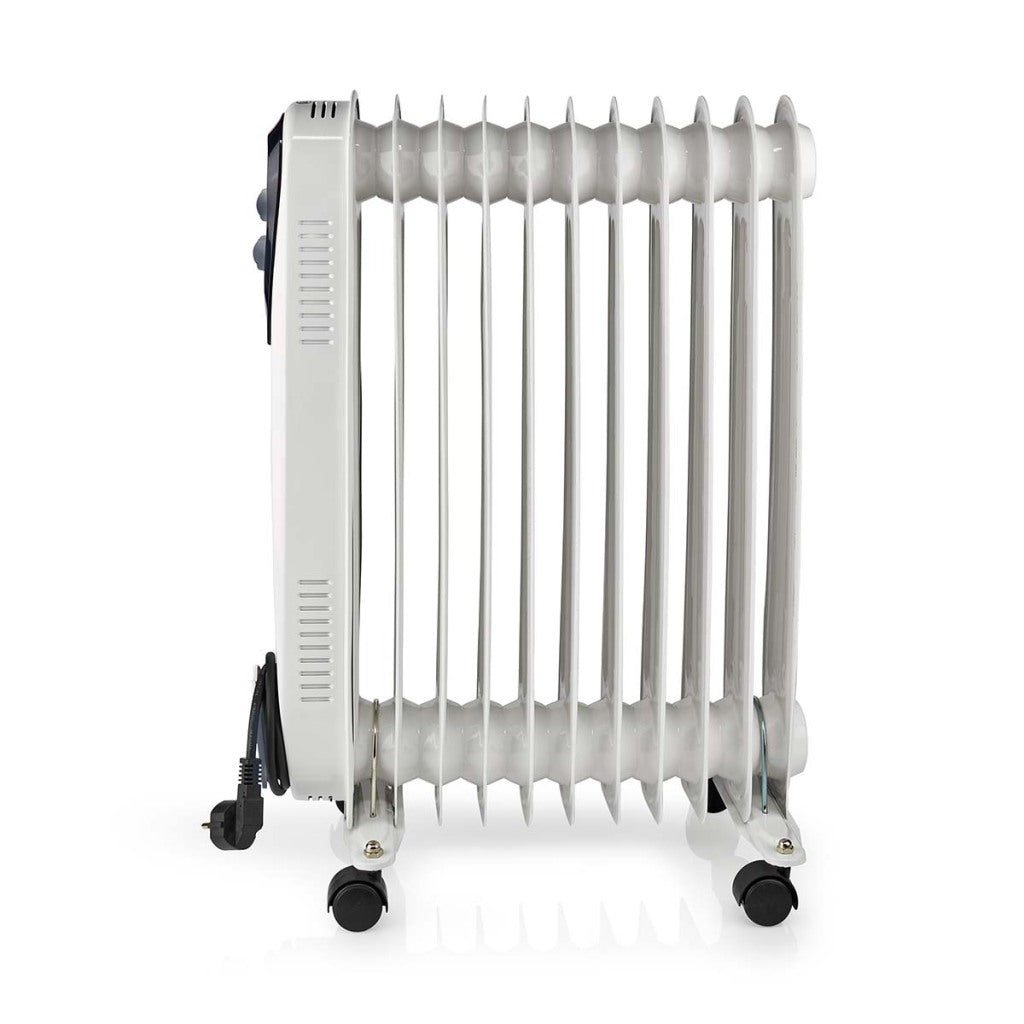 Nedis htoi30wt11 mobiler Ölradiator 1000 1500 2500 W 11 Lamellen einstellbarer Thermostat 3 Heizstufen Kippschutz weiß