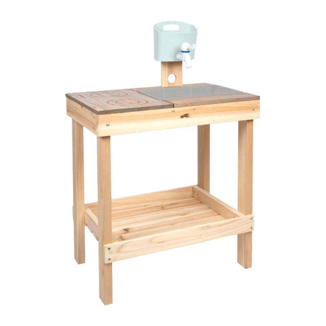 Kleine Holz-Schlammküche und Spieltisch für Spaß im Freien.