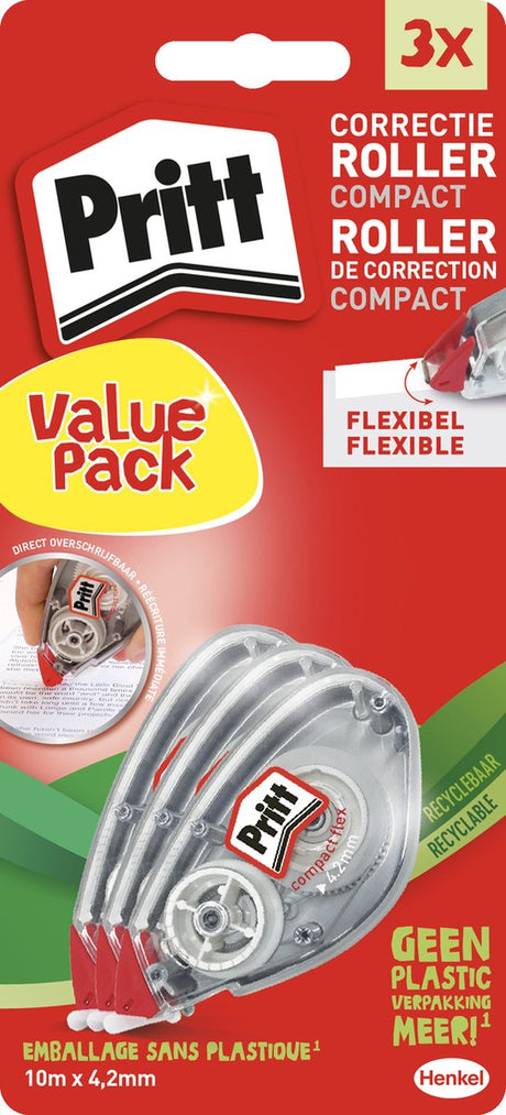 Pritt correctie roller compact x3 rollers value pack | roller 4.2 x 10 mm | voordeel correctieroller blister | kantoor school correctieroller.