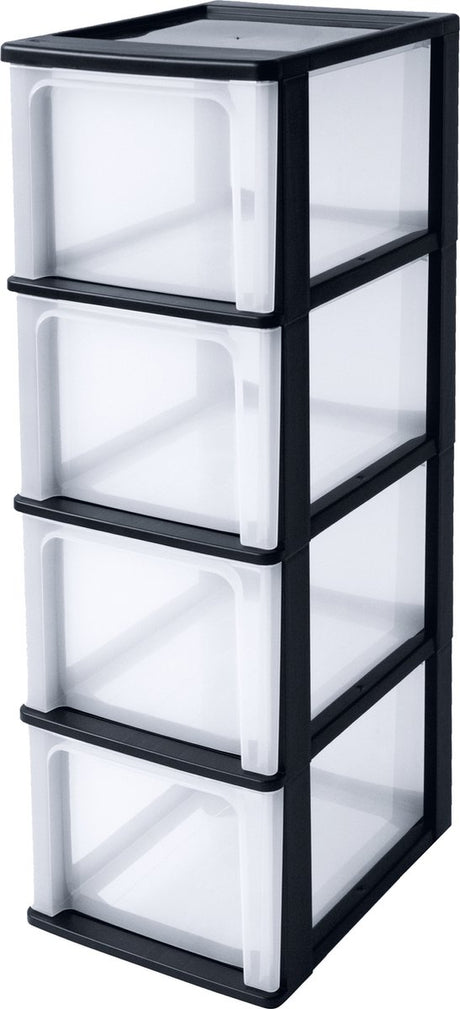 Iris Organizer-Kommode Schubladensystem A4 – 4 tiefe Schubladen – 4 x 13 l – Kunststoff – schwarz transparent – ​​ohne Rollen