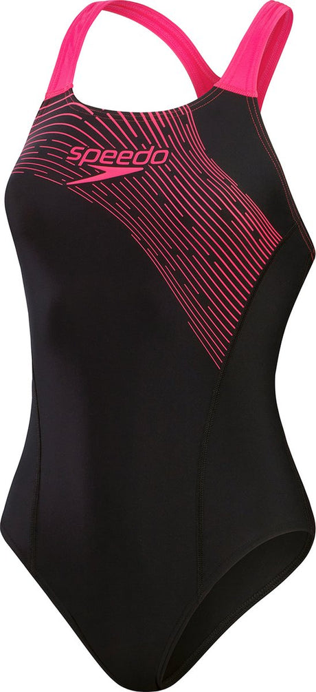 Speedo Medley Logo 1-teiliger Damen-Sportbadeanzug – Schwarz-Rosa