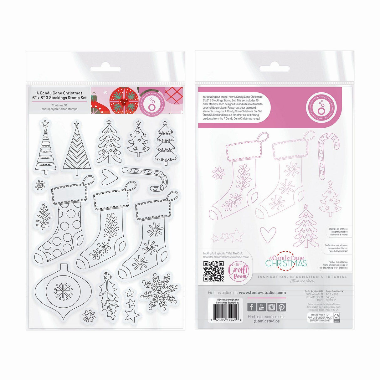 Tonic Studios • Ein Zuckerstangen-Weihnachtsstempelset, 3 Strümpfe, 18-tlg