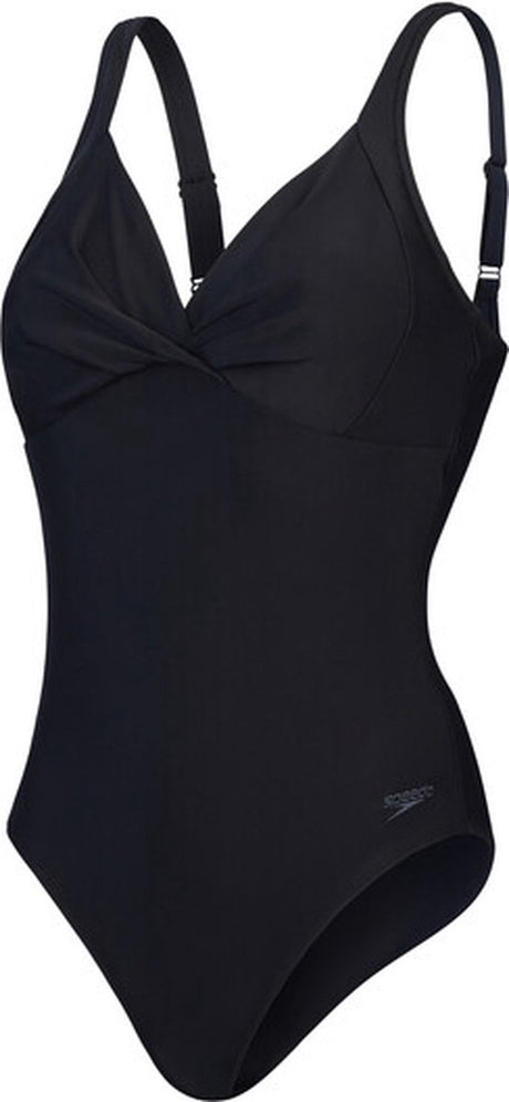 Speedo Shaping Cross Knot 1-teiliger Damen-Sport-Badeanzug – Shaping-Badeanzug Damen – Damen-Badeanzug mit abnehmbaren Cups – Damen-Sport-Badeanzug mit herzförmigem Ausschnitt und verstellbaren Trägern – Schwarz – 48