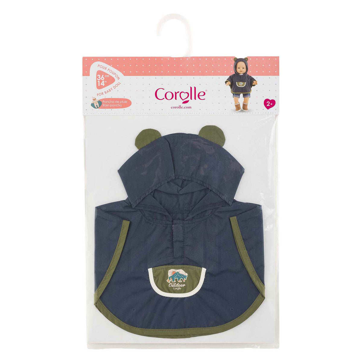 Corolle Regenponcho-Puppenkostüm 36 cm mit Kapuze und Bärenohren.