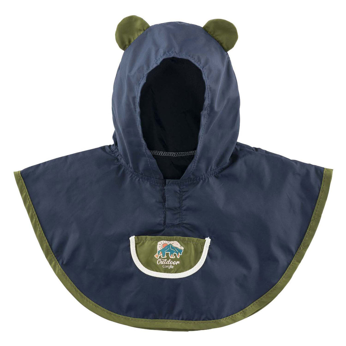 Corolle Regenponcho-Puppenkostüm 36 cm mit Kapuze und Bärenohren.