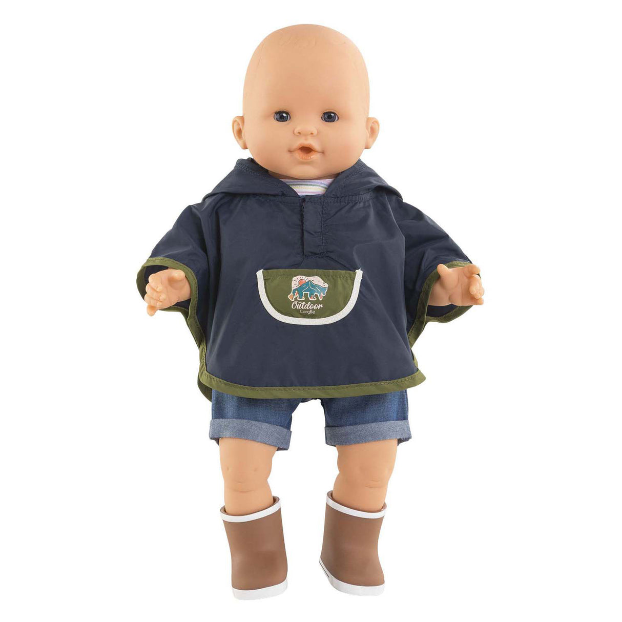 Corolle Regenponcho-Puppenkostüm 36 cm mit Kapuze und Bärenohren.