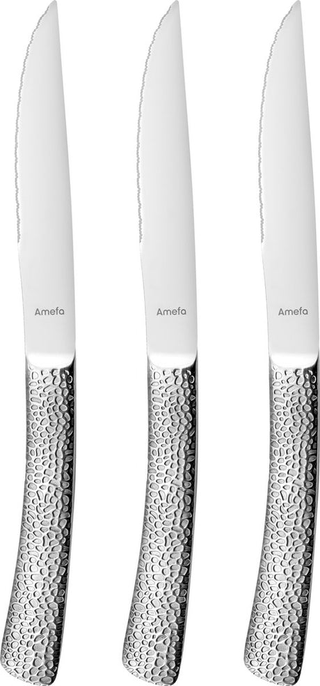 Amefa Bongo – 3-teiliges Steakmesserset – Rasiermesserscharf – Mikroverzahnung – 13 0 gehärteter Messerstahl – gehämmert – sichere Geschenkverpackung