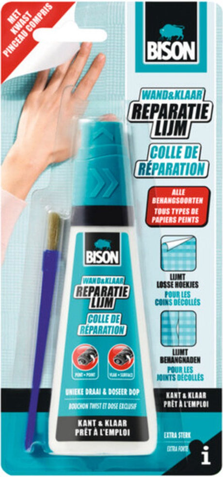 Bison Wall Ready® Tapeten-Reparaturkleber 90 ml inkl. Leimpinsel, gebrauchsfertig, extra stark, lose Ecken und Nähte, für alle Arten von Tapeten geeignet
