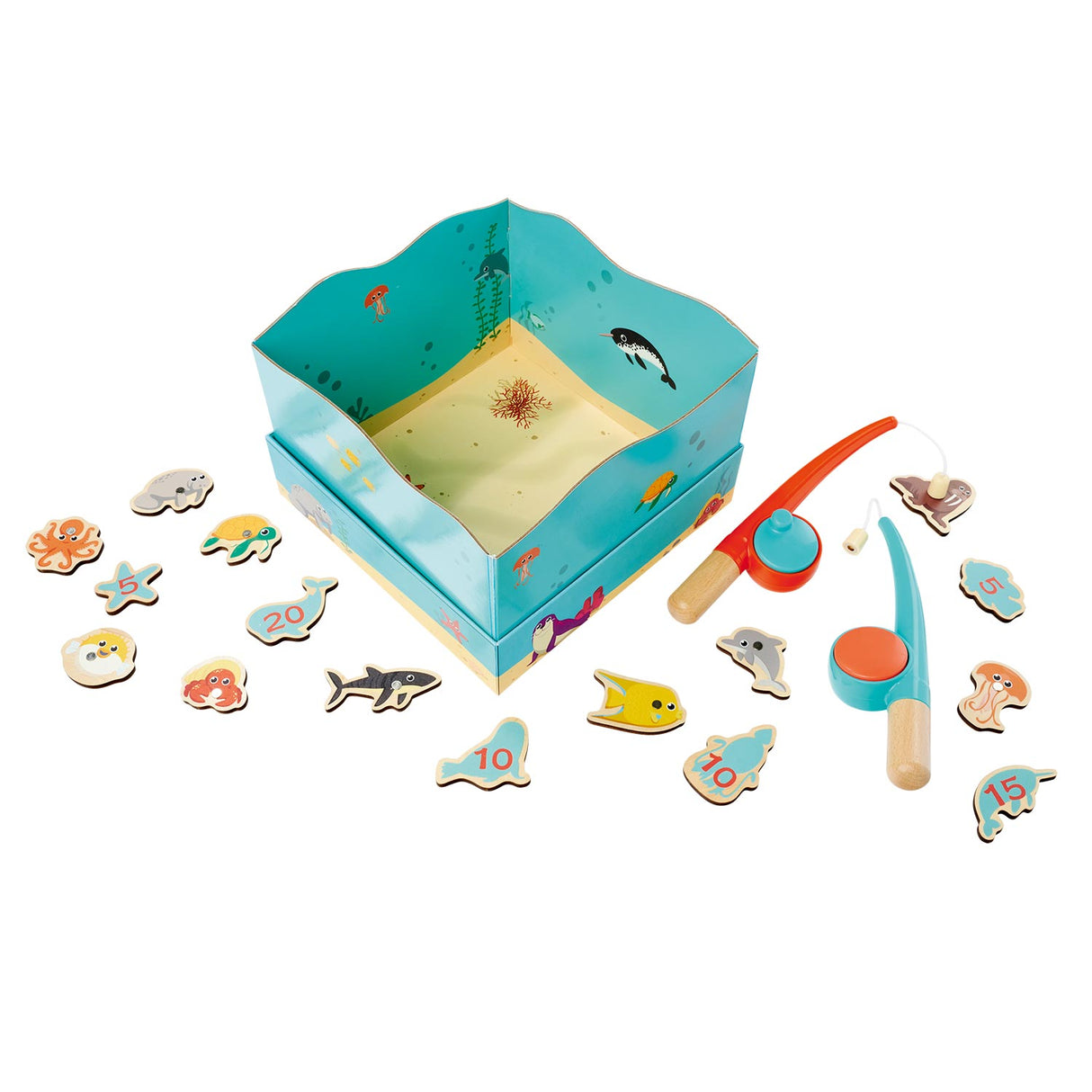 Simba Angelspiel aus Holz, Lernspielzeug, Aquarium, Magnet-Angelrute, 19-teilig.