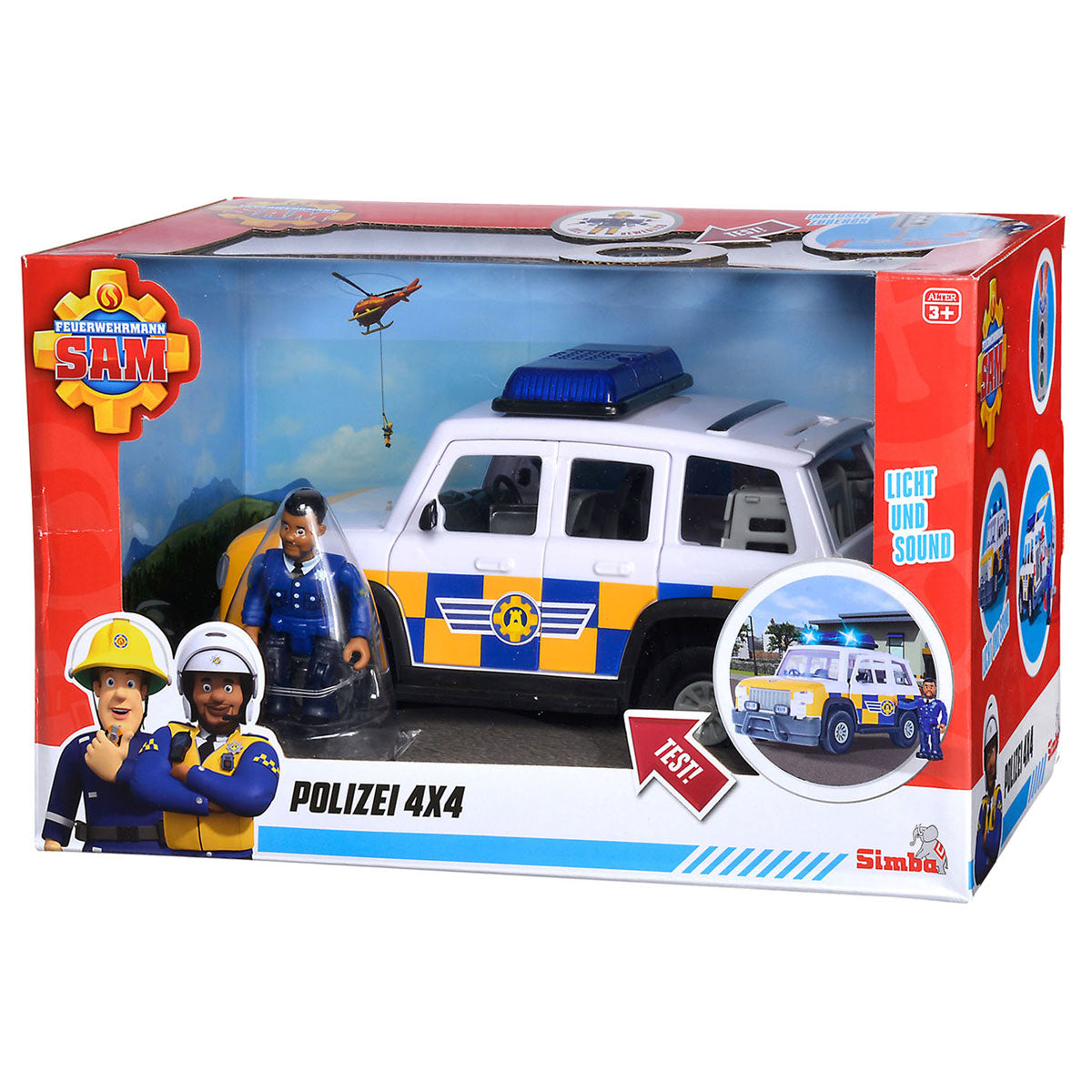 Simba Feuerwehrmann Sam Polizeiauto-Spielzeug mit Malcolm-Spielfigur.