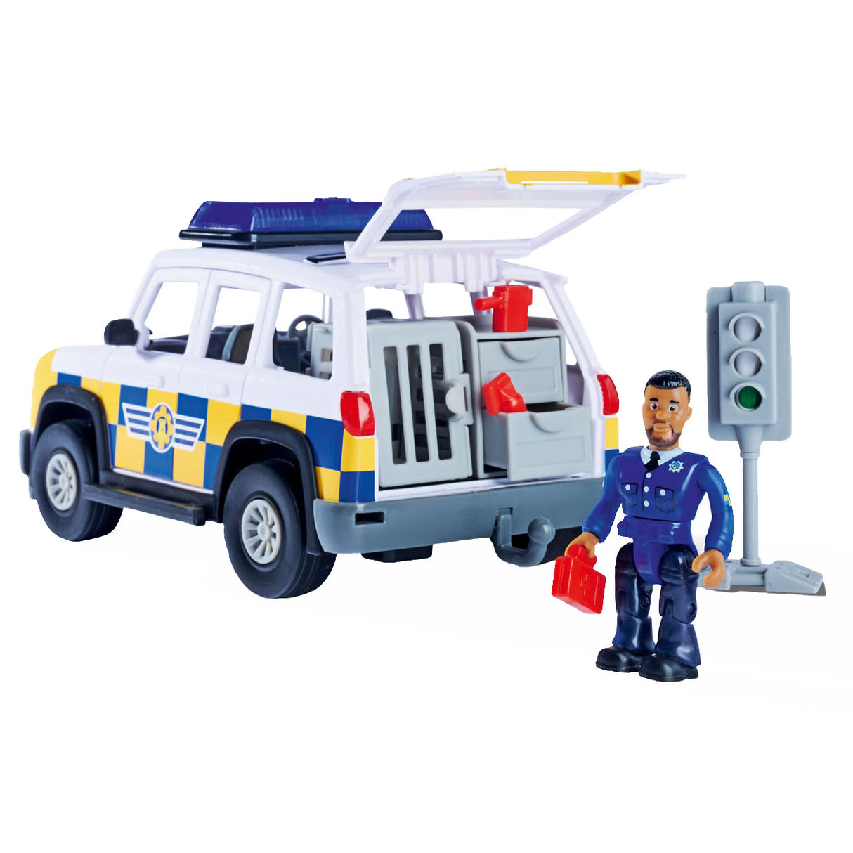 Simba Feuerwehrmann Sam Polizeiauto-Spielzeug mit Malcolm-Spielfigur.