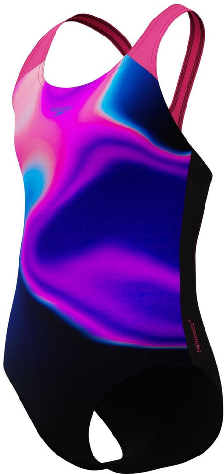 Speedo Print Splashback Sport-Badeanzug für Mädchen – Schwarz Lila