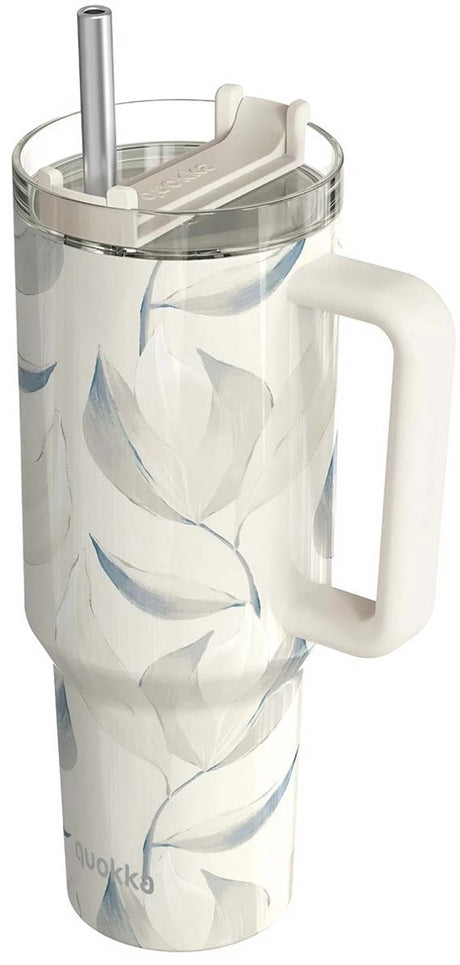 Quokka, Isolierbecher 1200 ml mit Strohhalm mit Baumwollblattmotiv, weiß