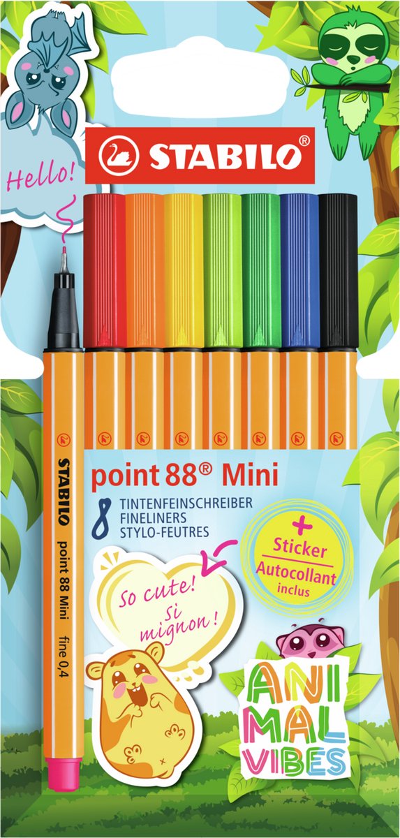 Stabilo point 88 mini – Premium Fineliner – Animal Vibes – Etui mit 8 Farben + Aufkleber