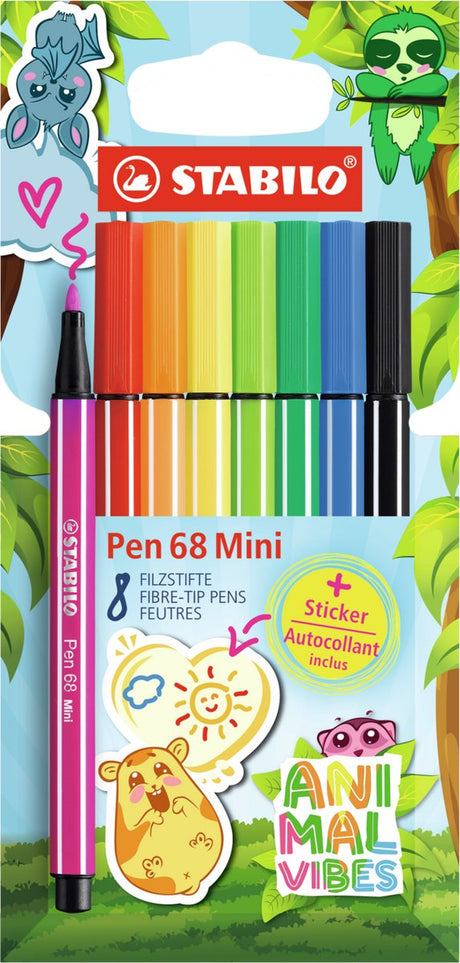 Stabilo Pen 68 Mini – Premium-Filzstift – Animal Vibes – Etui mit 8 Farben + Aufkleber