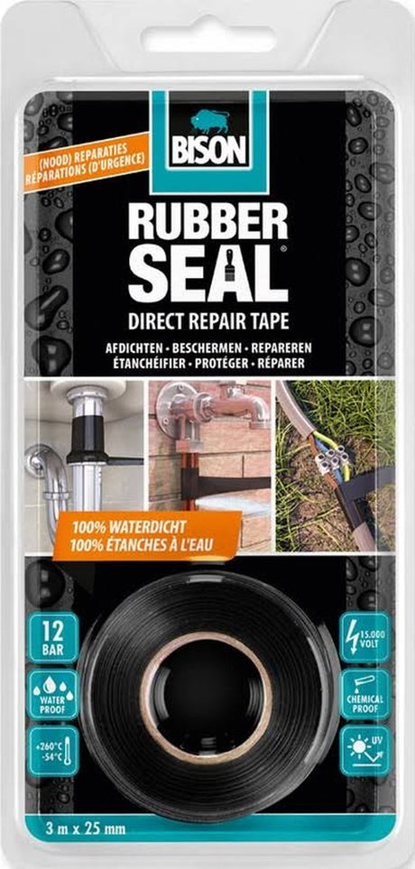 Bison Rubber Seal Direktreparaturband 3 Meter x 25 mm – Direktreparatur, starkes Reparaturband, sofort 100 % wasserdicht, im Innen- und Außenbereich, reparieren, verstärken, abdichten, verbinden