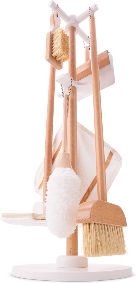 Woet ® houten speelgoed schoonmaakset met standaard - 6-delig met bezem, dweil, stoffer blik - rollenspel schoonmaken - vanaf 3 jaar