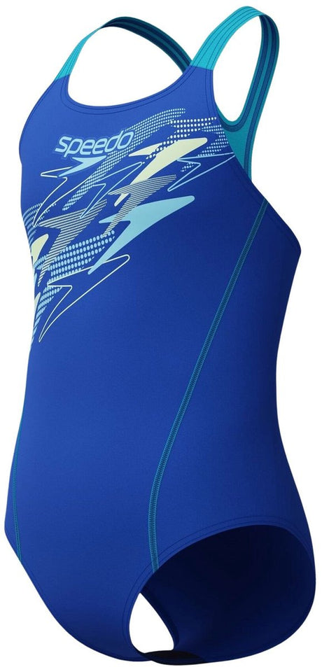 Speedo Medley Logo Medalist Mädchen-Sport-Badeanzug – Mädchen-Badeanzug mit Stretch – formbeständiger Mädchen-Badeanzug – Mädchen-Sport-Badeanzug mit Medalist-Trägern – Blau Lila – 152
