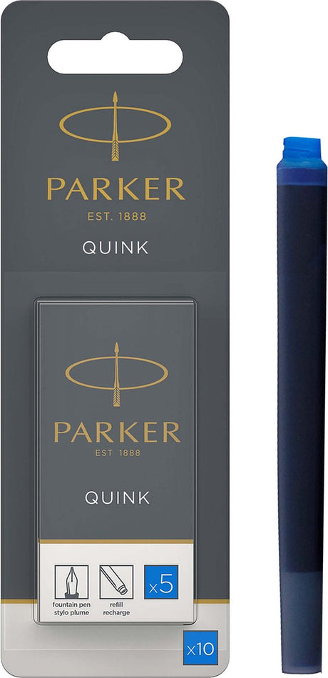 Lange Füllfederhalter-Tintenpatronen von Parker – blaue Quink-Tinte – waschbar – 10 Stück