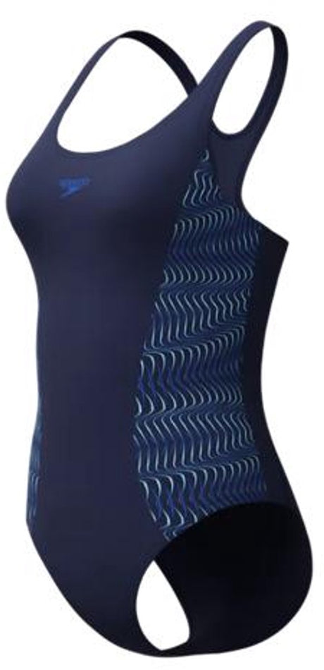 Speedo Placement Medalist 1-teiliger Damen-Sport-Badeanzug – Damen-Badeanzug mit Stretch – formbeständiger Damen-Badeanzug – Damen-Sport-Badeanzug mit Medalist-Rücken – Marineblau – 42