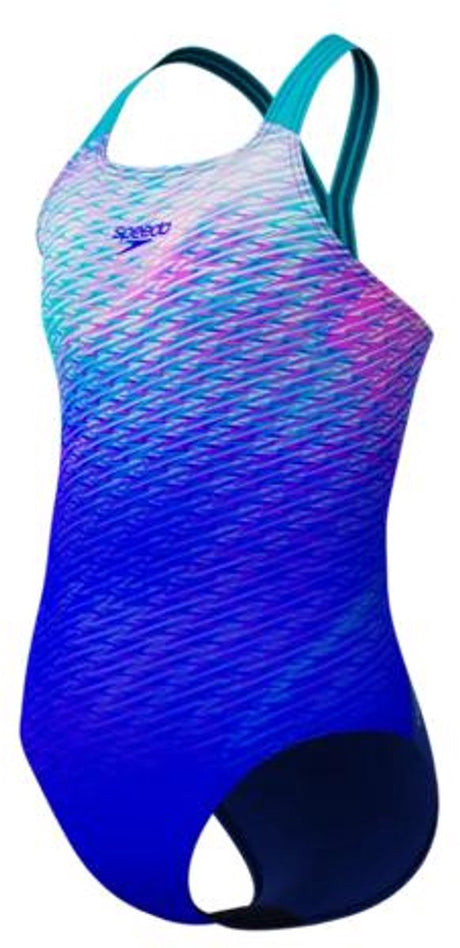 Speedo Print Powerback Mädchen Sport-Badeanzug – farbechter Badeanzug Mädchen – chlorbeständiger Badeanzug Mädchen – Sport-Badeanzug Mädchen mit Powerback-Trägern – Blau Türkis – 176