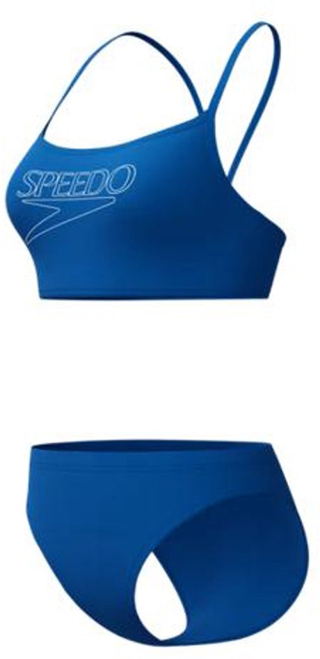 Speedo Endurance Logo dünner Träger 2-teilig Damen – lichtbeständiger Bikini Damen – chlorbeständiger Sport-Bikini Damen – Damen-Schwimmbikini mit V-förmigen Trägern – blau weiß – 52