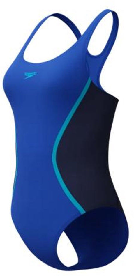 Speedo solid splice medalist 1 piece dames sportbadpak - kleurvast badpak dames - chloorbestendig zwempak dames - sportbadpak dames met medalist-rug - marine blauw - 42