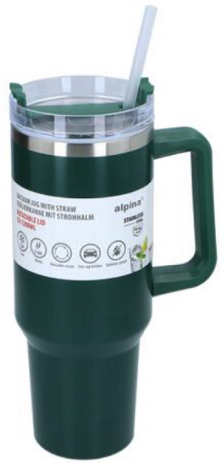 Alpina vacuum drinkfles met rietje – 1.200 ml – rvs thermosfles – dubbelwandig geïsoleerd – lekvrij – groen – voor koude warme dranken