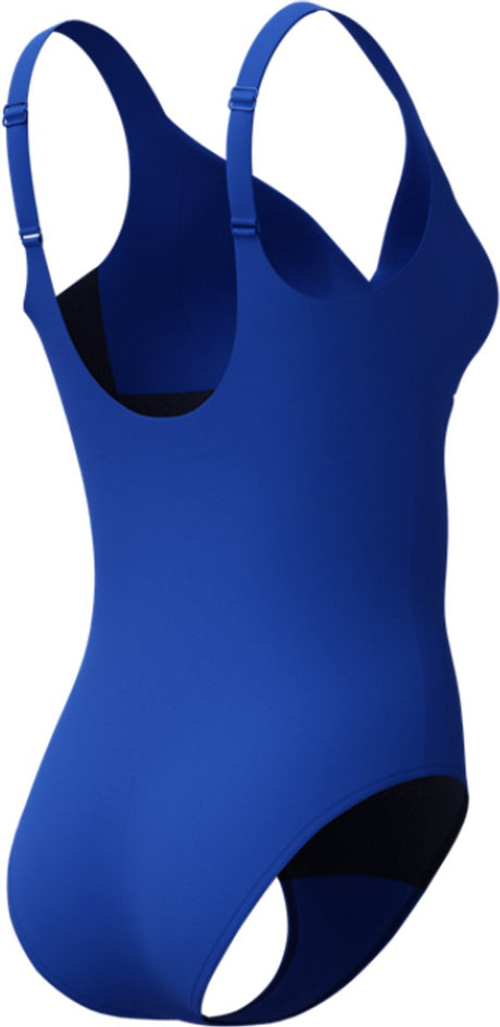 Speedo Shaping Cross Knot 1-teiliger Damen-Sport-Badeanzug – Shaping-Badeanzug Damen – Damen-Badeanzug mit herausnehmbaren Cups – Damen-Sport-Badeanzug mit herzförmigem Ausschnitt und verstellbaren Trägern – Blau – 36