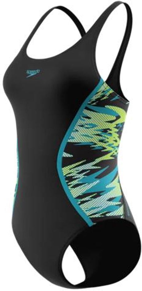 Speedo hyperboom splice muscleb 1p dames - chloorbestendig sportbadpak dames - kleurvast badpak dames - zwempak dames met muscleback - zwart groen - 36