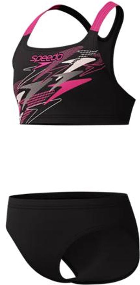 Speedo Medley Logo Racerback 2-teiliger Mädchen-Sport-Badeanzug – Bikini-Mädchen für den Sport – formbeständiger Sport-Bikini für Mädchen – Schwimm-Bikini für Mädchen mit Racerback-Oberteil – Schwarz-Rosa – 128