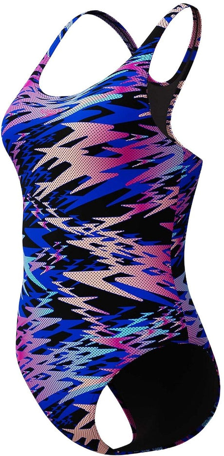 Speedo Hyperboom Print Medalist Damen-Sportbadeanzug – Farbechter Damen-Badeanzug – Chlorbeständiger Damen-Badeanzug – Damen-Sport-Badeanzug mit Medalist-Rücken – Schwarz Rosa – 44