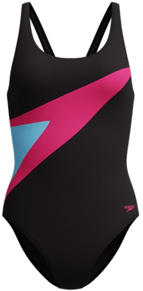 Speedo Hyperboom Butterfly Back Damen Sport-Badeanzug – Farbechter Damen-Badeanzug – Chlorbeständiger Damen-Badeanzug – Damen Sport-Badeanzug mit Butterfly-Rücken – Schwarz Rosa – 38