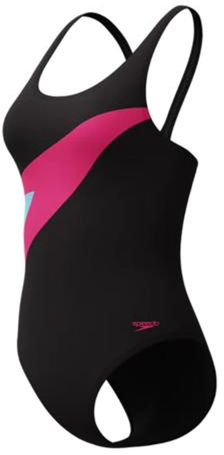 Speedo Hyperboom Butterfly Back Damen Sport-Badeanzug – Farbechter Damen-Badeanzug – Chlorbeständiger Damen-Badeanzug – Damen Sport-Badeanzug mit Butterfly-Rücken – Schwarz Rosa – 38
