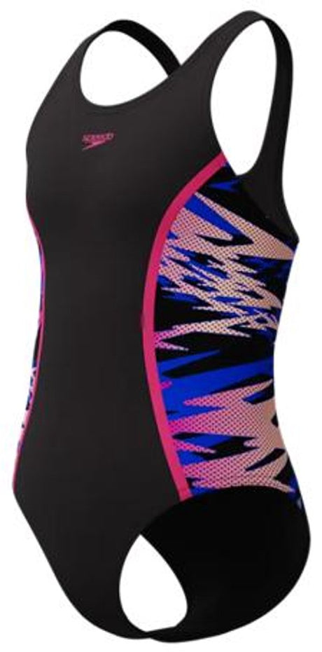 Speedo hyperboom splice muscleback meisjes sportbadpak - kleurvast badpak meisjes - chloorbestendig zwempak meisjes - sportbadpak meisjes met muscleback-rug - zwart roze - 128